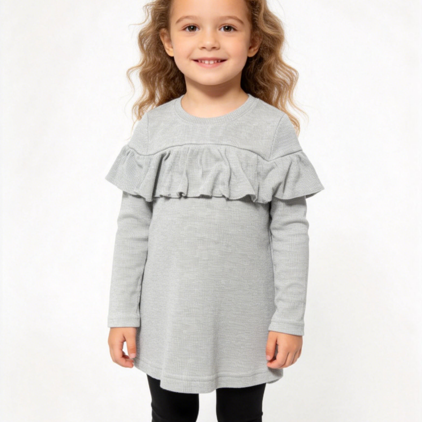 
                  
                    Girls' Grey Ruffle-Trim Long Sleeve Top, Kids' Waffle Knit Casual Blouse, Comfortable Cotton-Blend Toddler & Girls' Ruffled Shirt, Minimalist Children's Layering Top
                  
                