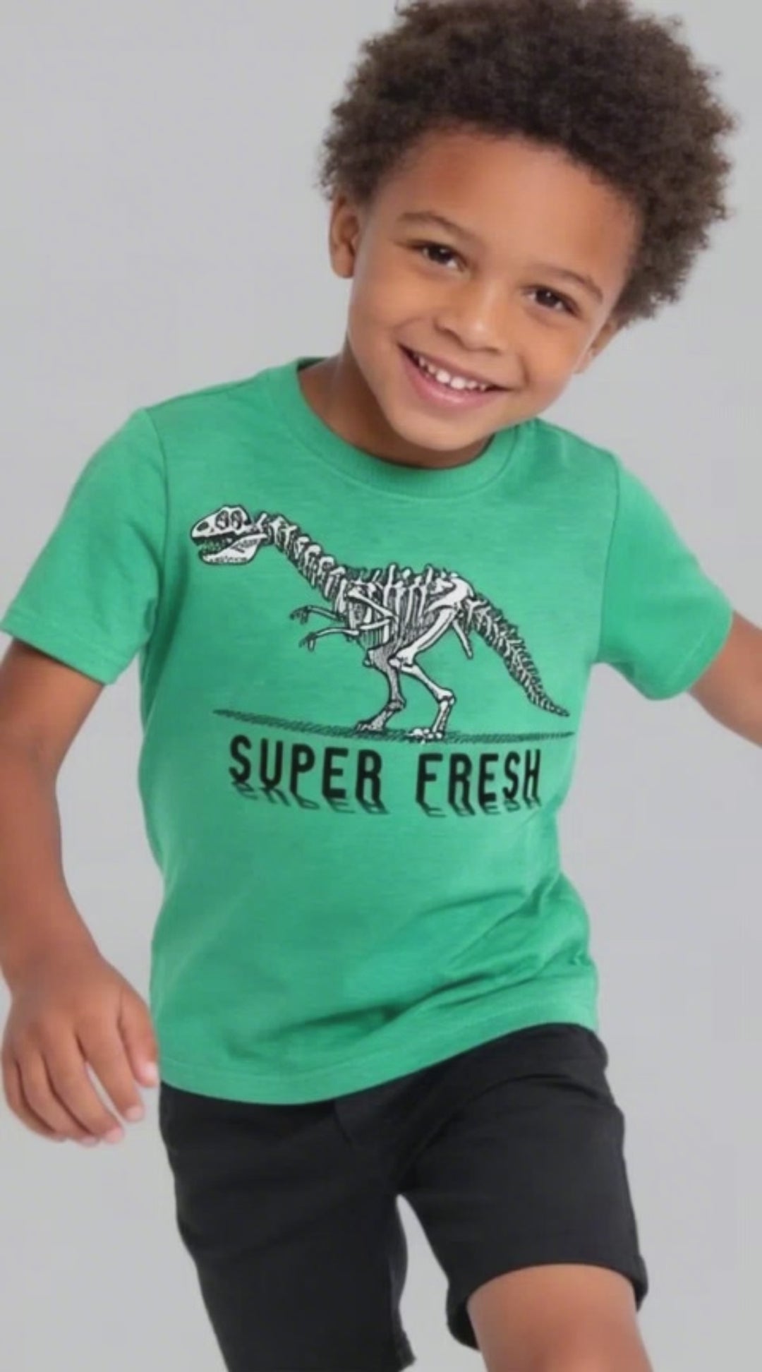 Kapital K Boys Green "Super Fresh" Dinosaur T-Shirt, 5-7, Short Sleeve Kids Tee, Casual Cotton T-Shirt with Dinosaur Skeleton Print
