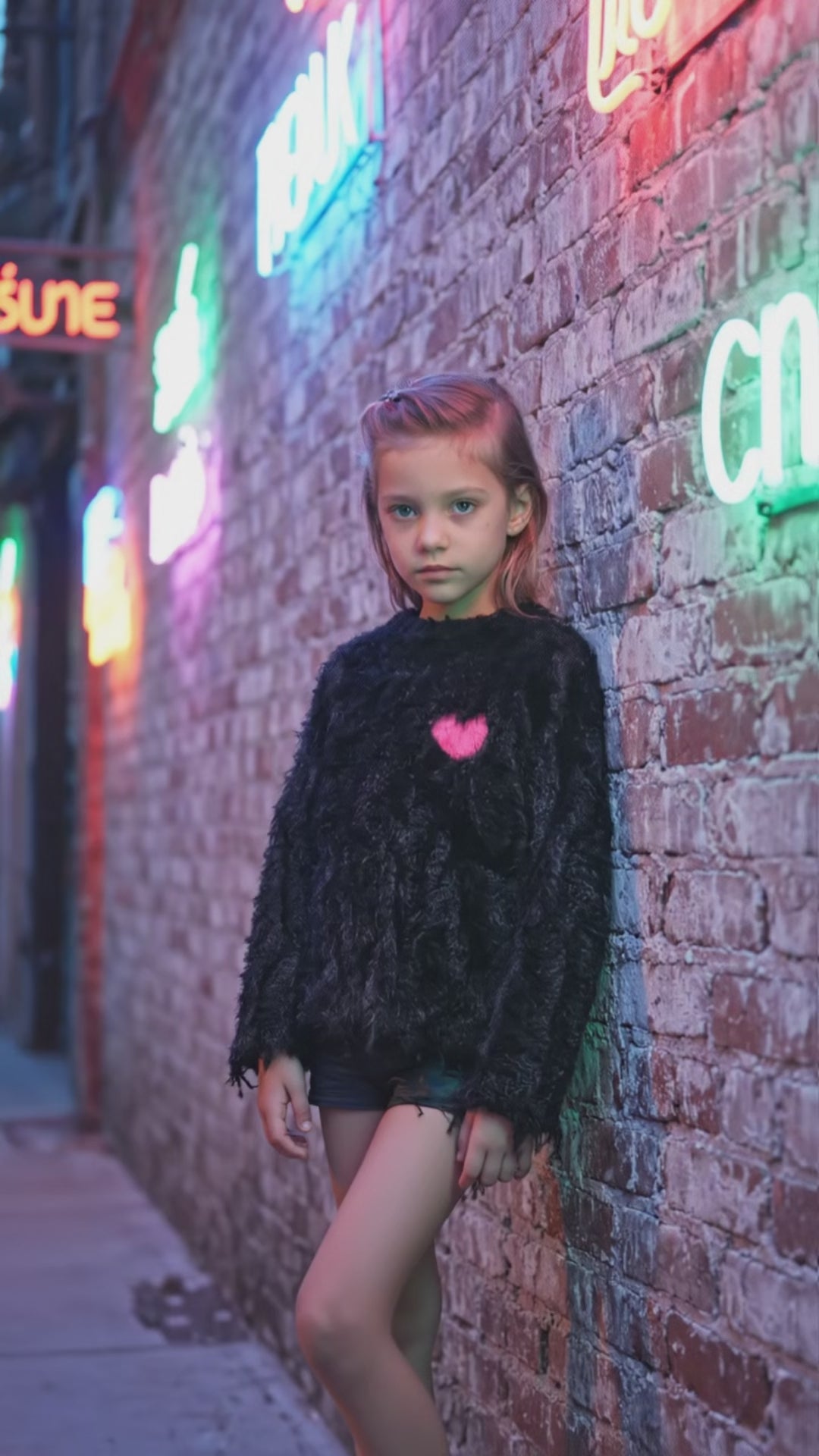 Girls Black Fuzzy Heart Sweater Pink Heart Knit Pullover (Sizes 4-16)