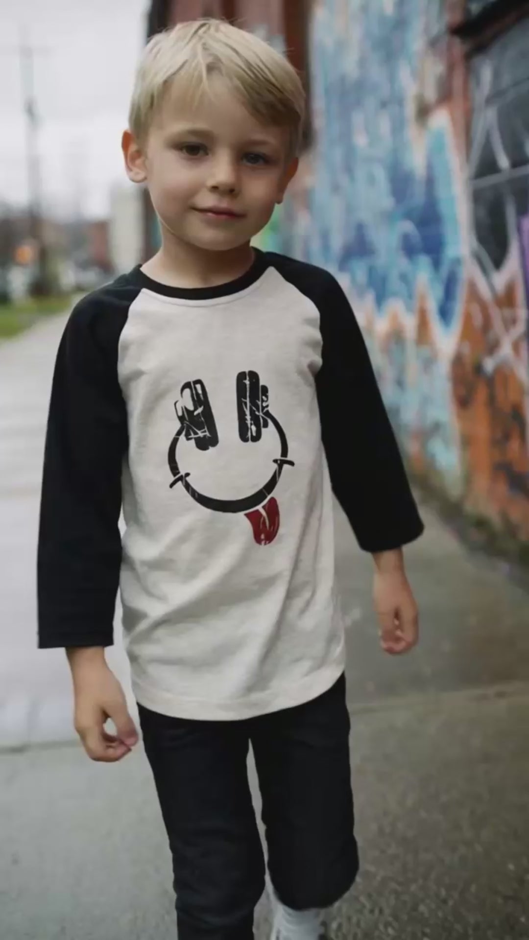 Kapital K Boys Smiley Face Raglan Long Sleeve Tee, 3/6M-7, Gray/Black Baseball T-Shirt with Skate Smiley Graphic, Toddler Boys Casual Top