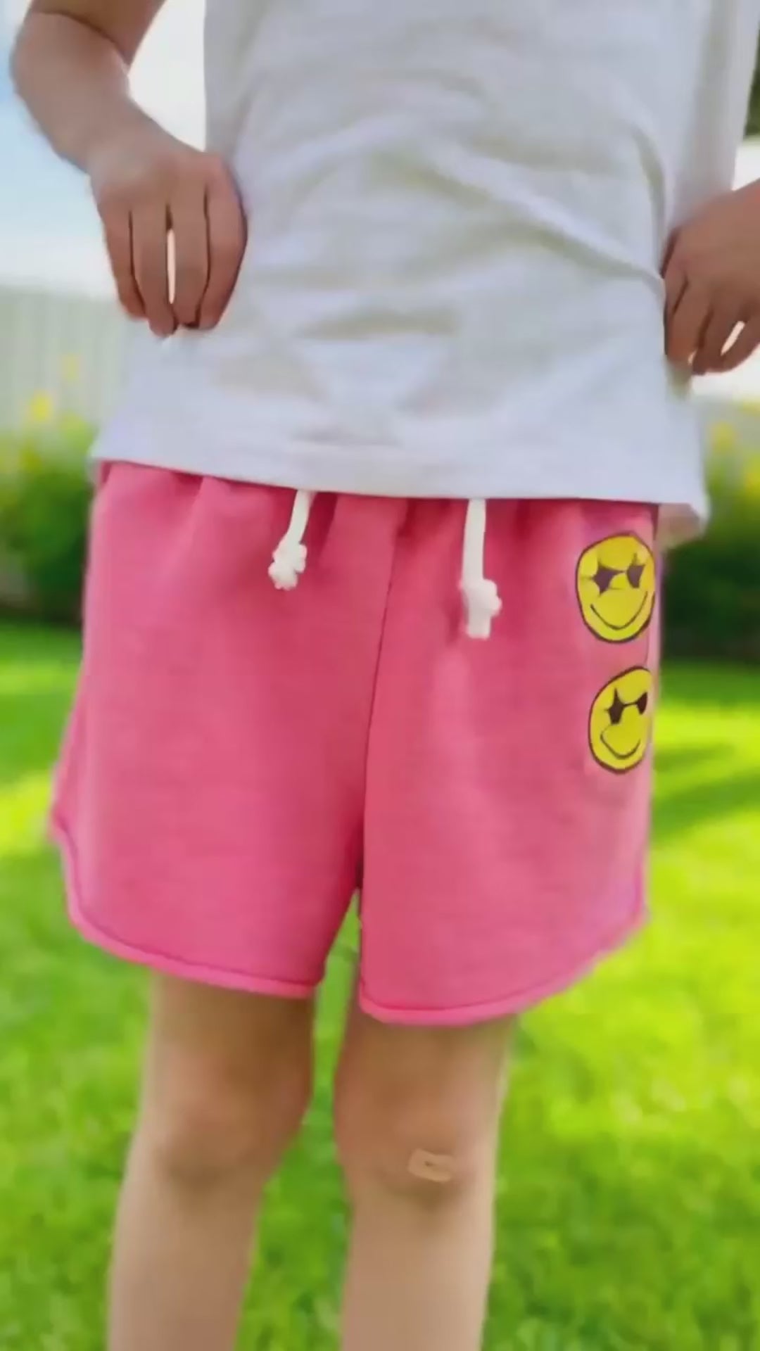Girls Pink French Terry Shorts Smiley Face Print Pull-On Shorts (2T-6X)