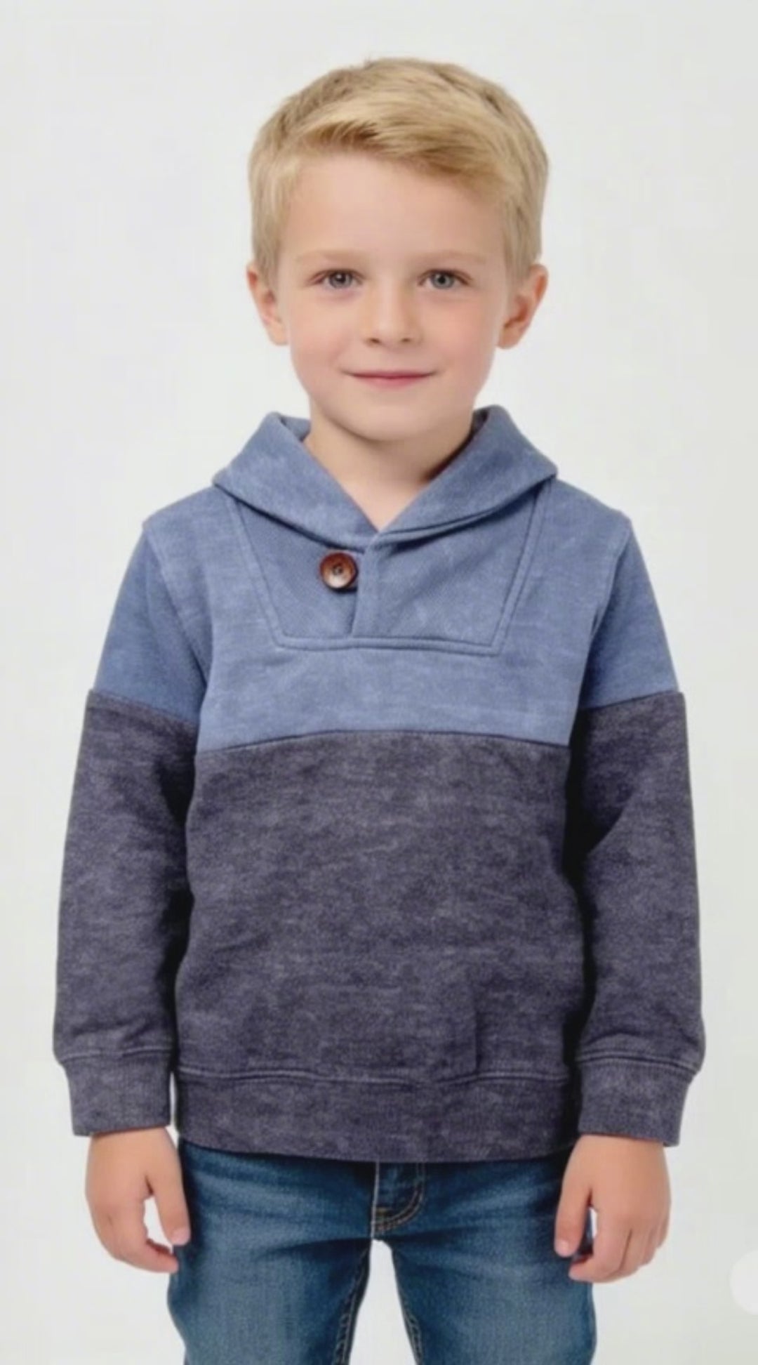 Kapital K Boys Two-Tone Blue Shawl Collar Sweatshirt, 2T-7, Long Sleeve Color Block Pullover, Kids Casual Sweater with Button Detail