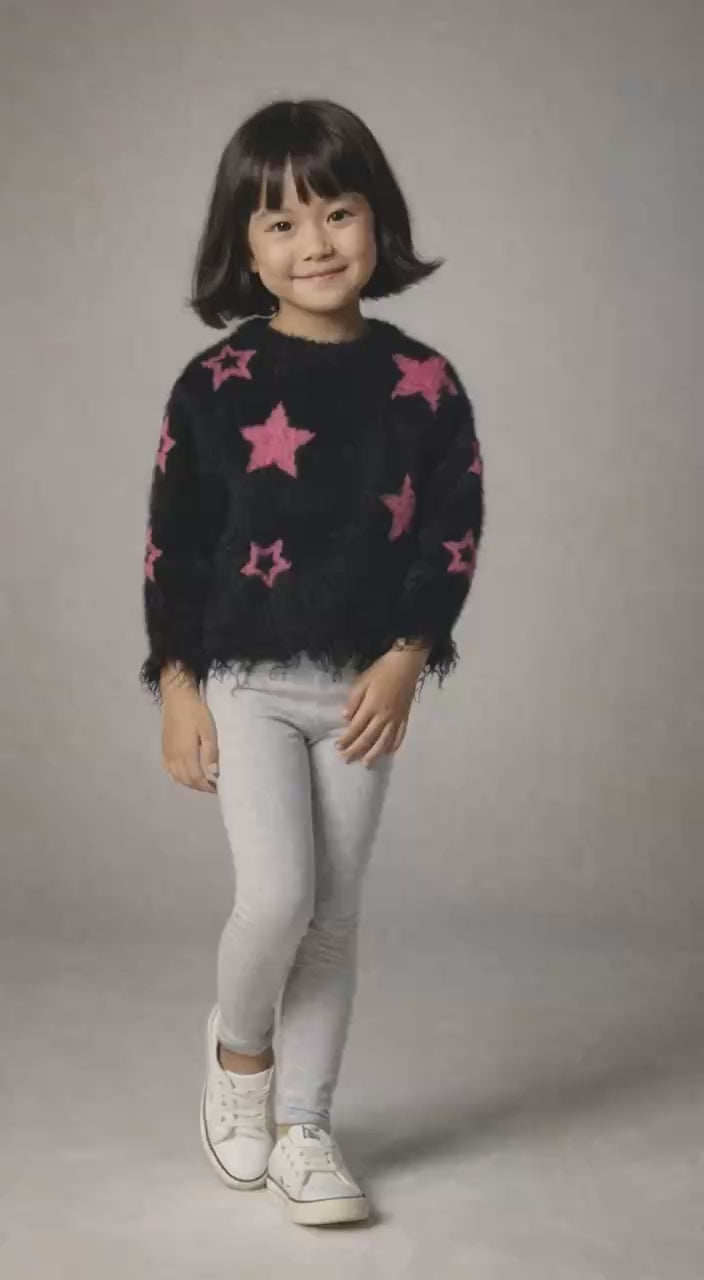 
                  
                    Load and play video in Gallery viewer, Girls&amp;#39; Black Eyelash Knit Sweater with Pink Stars
                  
                