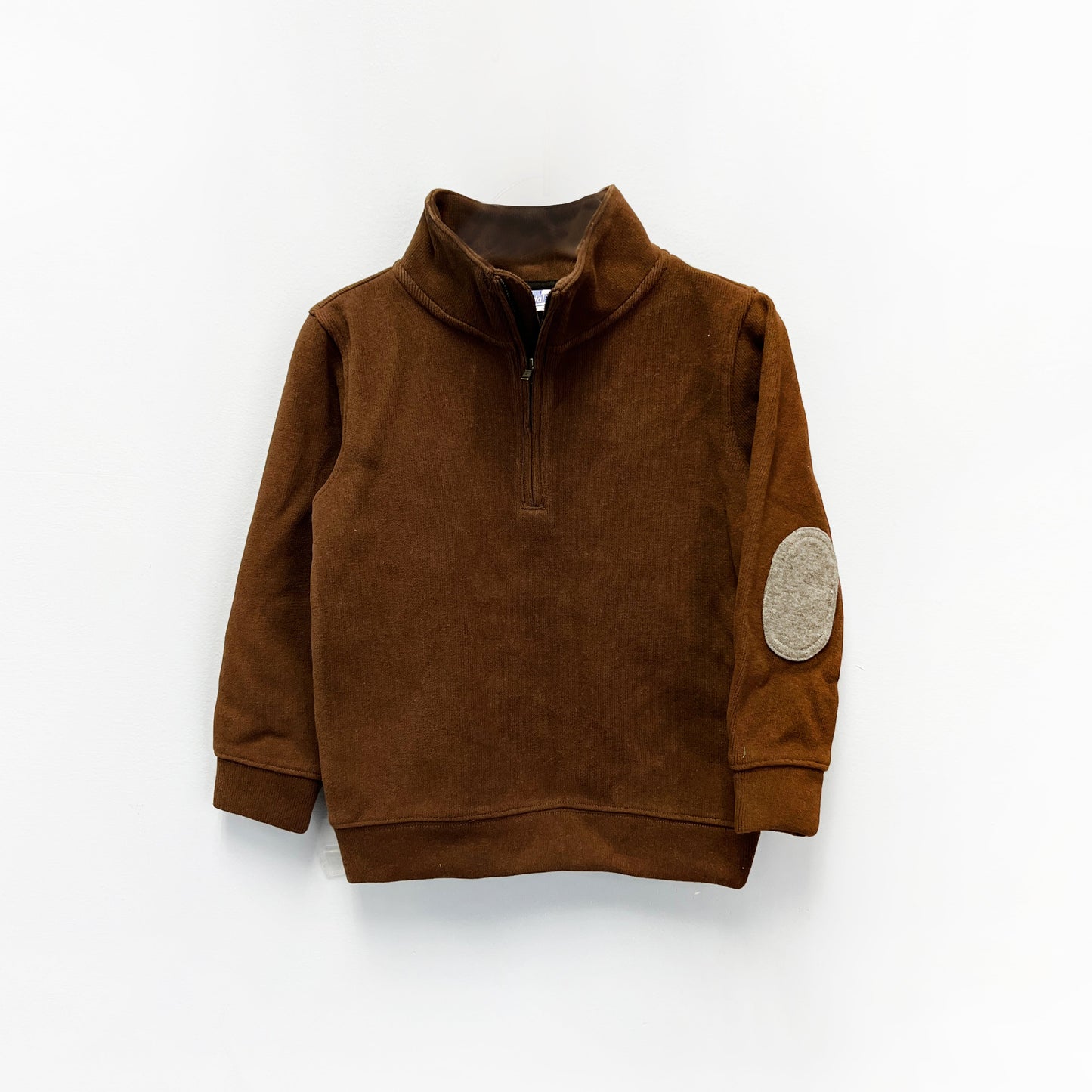 Boys brown quarter-zip pullover with gray elbow patch and high collar, displayed on white background
