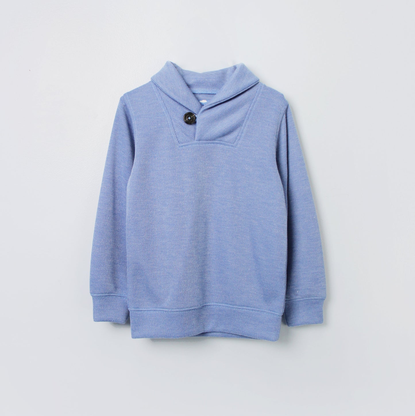 Boy’s Light Blue Shawl Collar Sweater – Ribbed Knit Pullover with Button Detail