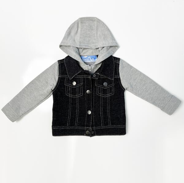 Knit Denim Hooded Jean Jacket with Contrast Sleeves